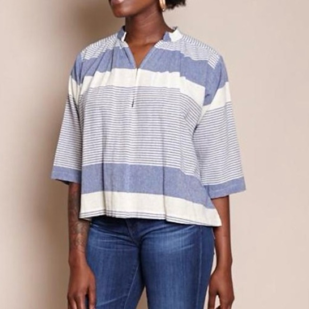 Apiece Apart Blue and White Striped Cotton Popover Blouse